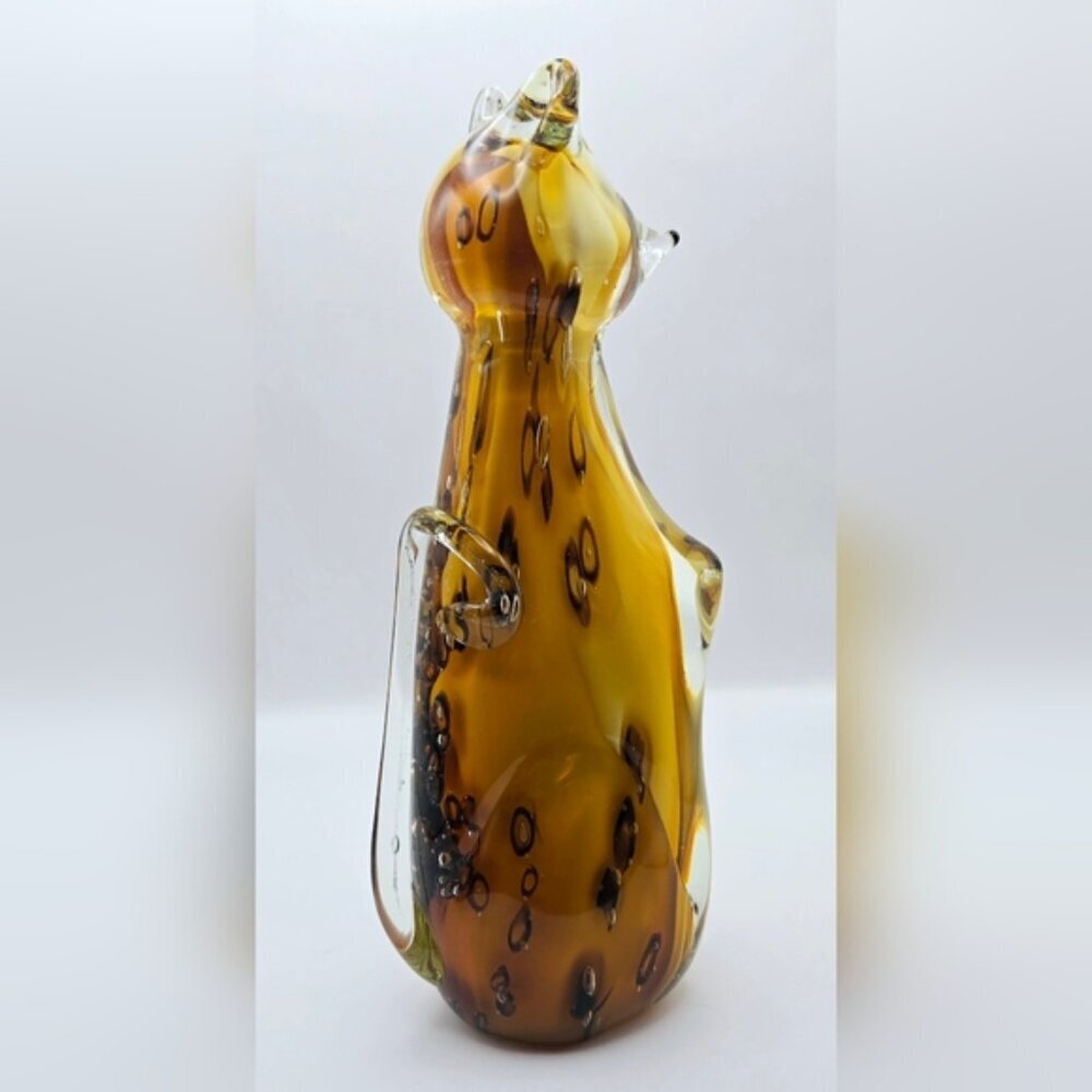 Vintage 10" Blown Art Glass MCM Cat Figure Amber Leopard Spots - Picture 3 of 8
